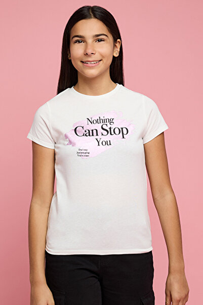 R&B تيشيرت أبيض مطبوع للبنات بياقة دائرية وأكمام قصيرة