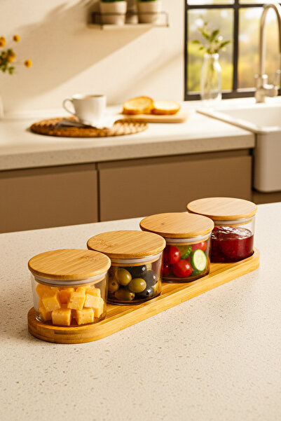 Snippy Feel - 4'lü Dikdörtgen Tepsili Bambu Vakumlu Kapaklı Cam Kahvaltılık Ç...