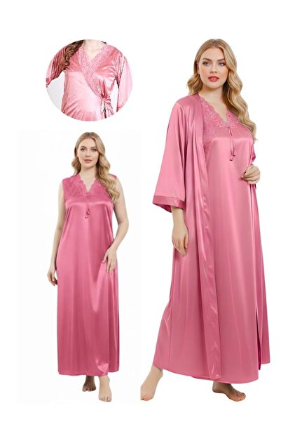 Comfort طقم روب طويل من الساتان الوردي الناعم للنساء مع تفاصيل من دانتيل