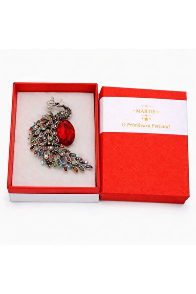OEM Broșă Elegantă Păun cu Piatra Roșie – Mărțișor – Accesoriu de Primăvară