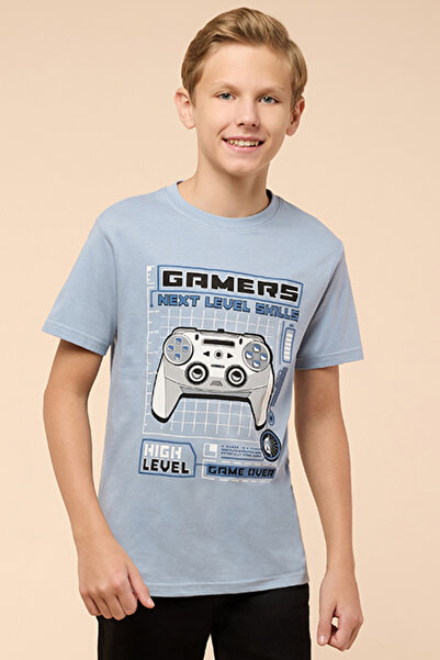R&B Boy's Blue Printed T-Shirt with Crew Neck and Short Sleeves