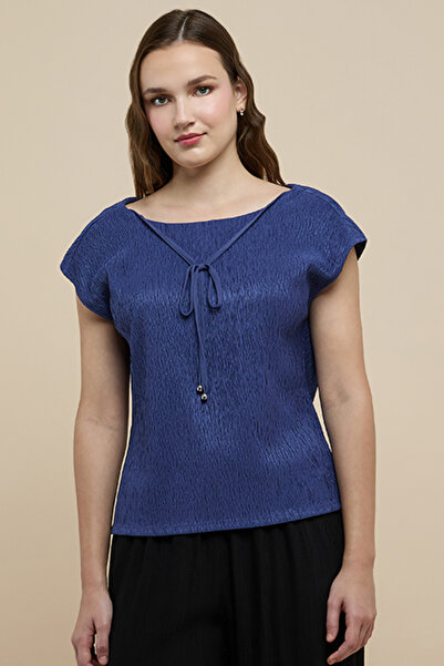R&B Women's Blue Textured Top with Boat Neck and Extended Sleeves