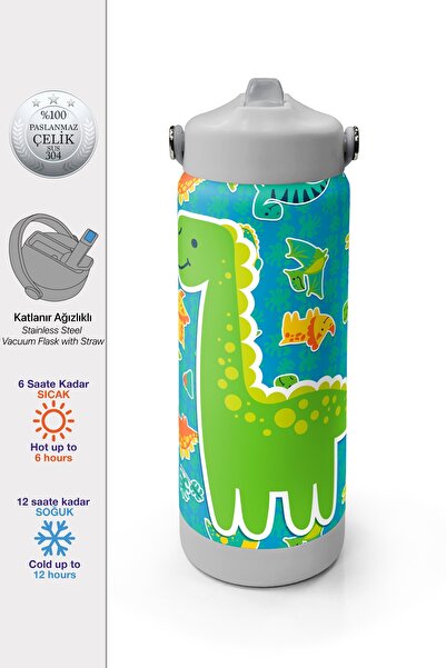 Coral High Yeşil Mavi Dinozor Desenli Katlanır Ağızlıklı Çelik Termos 650 ml ...