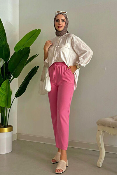 Tesettür Diyarı Melaj Kumaş Sofya Λινό Γυναικείο Παντελόνι-Ροζ