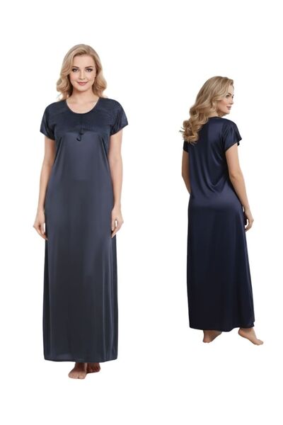 Comfort فستان نوم طويل فاخر من الساتان الأزرق الداكن للنساء، مزين بتفاصيل من ...