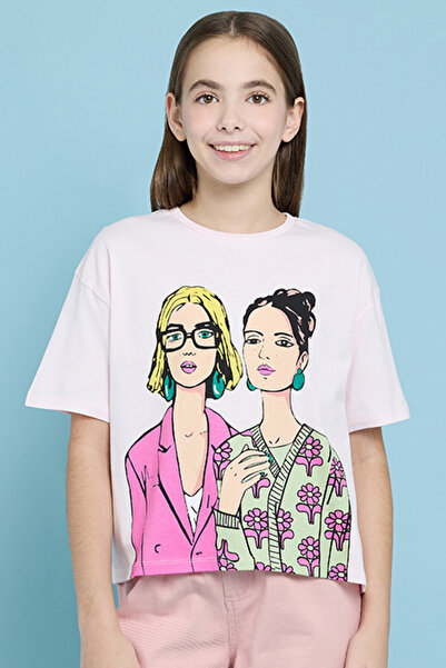 R&B Girl's Pink Graphic Print T-Shirt with Crew Neck and Short Sleeves