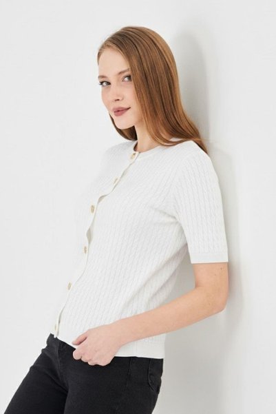 Irmak Kerekli Women's Crew Neck Hair Knit Short Sleeve Knitwear Cardigan 121824 Ecru