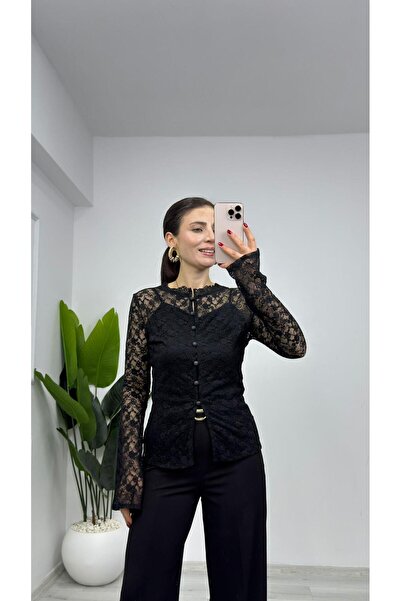 TUNAM BUTİK 2522 Collar Striped Buttoned Lace Blouse Black
