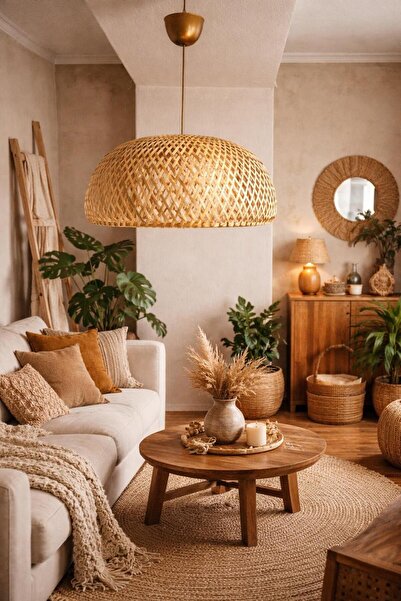 ABAJUR EVİM Briella bambu Rattan Modern Tasarım Oturma Odası Avize