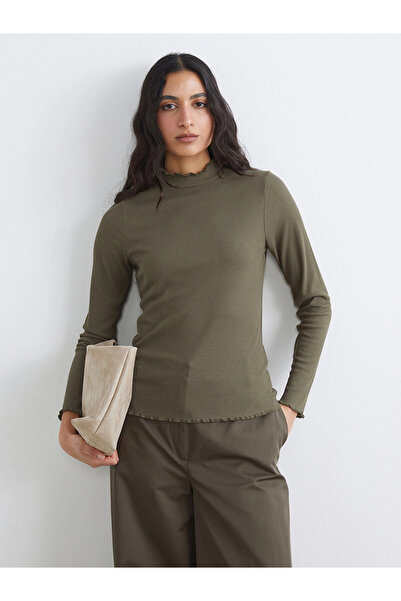 LC Waikiki Lcw Modest Khaki Ruffled High Neck Women's Bodysuit