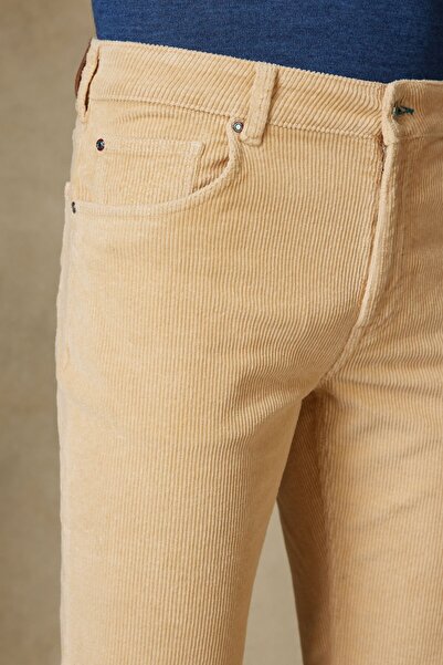 Andrea Nicolotti Men's Modern Regular Fit Beige Velvet Trousers