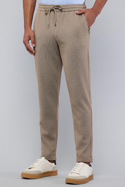 R&B Men's Beige Solid Pants with Drawstring Waist