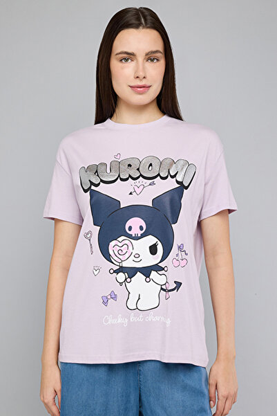 R&B Women's Purple Kuromi Print T-Shirt with Crew Neck and Short Sleeves