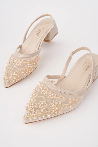 bakacstore Kadın Bej Nakışlı Ve Boncuklu Topuklu Ayakkabı
