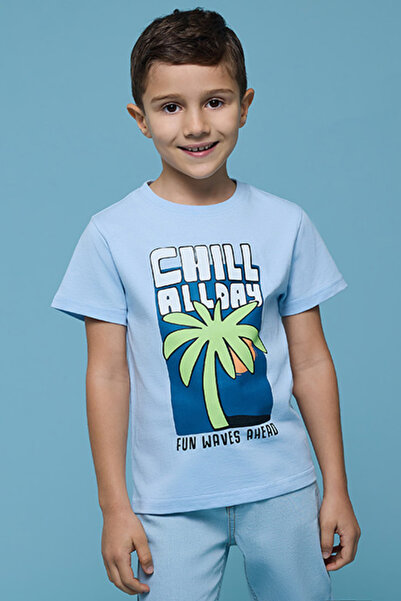 R&B تيشيرت برتقالي مطبوع للأولاد بياقة دائرية وأكمام قصيرة