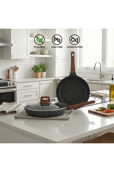 XTROQ 28CM Nonstick Frying Pan (with Lid), Swiss Granite Coating, Induction, PFOA Free Skillet