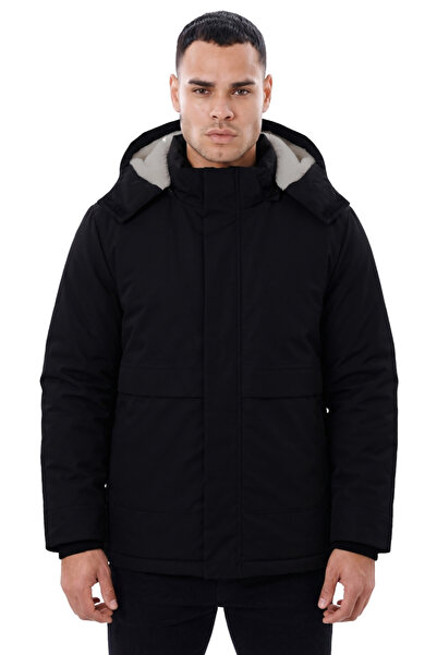 freemen Men's Black Water and Wind Resistant Ribbed Coat with Fur Inside the ...