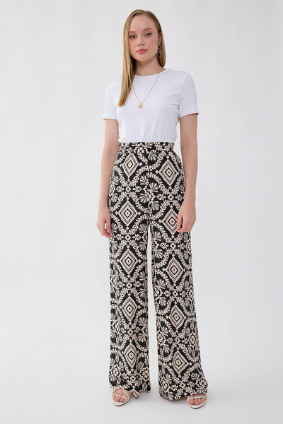 Vitrin Patterned Wide Leg Trousers with Elastic Waist