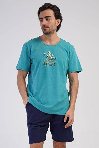 VİENETTA Men's Short Sleeve Shorts Silver Pine 100% Cotton Printed Pajama Set...