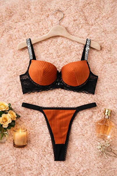 hepimiz alalım Brick Color Lace Stone Strap Push up Bra Thong Set