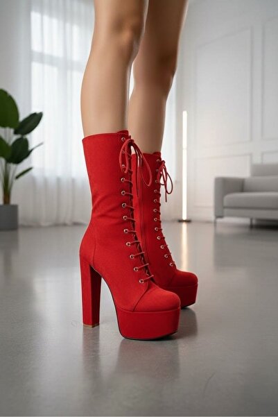 Tarz Topuklar Duke Red Suede Platform Thick Heeled Women's Boots