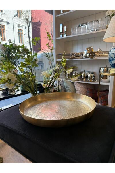 Dekordan House Pirinç Kaplama Dövme Yuvarlak Tepsi