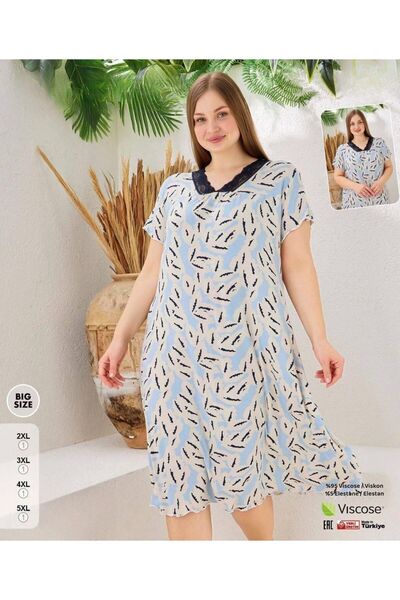 İpek Women's Short Sleeve Plus Size Lace Collar Floral Pattern Midi Length Ni...