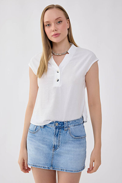 Vitrin Buttoned Front V-Neck Blouse