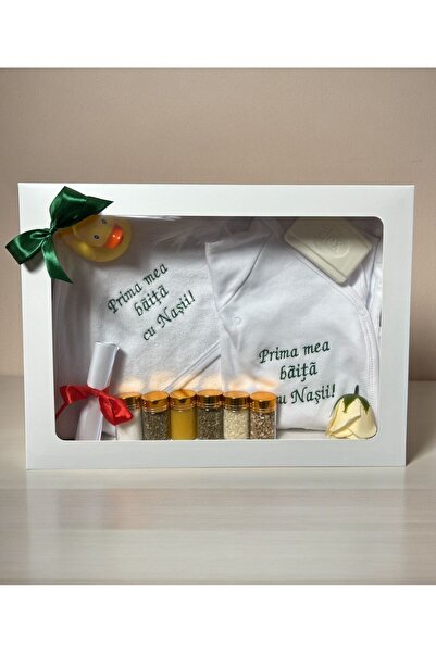 Botez Prosop si bady Prima baita cu nasii brodat pe verde din bumbac, in cuti...