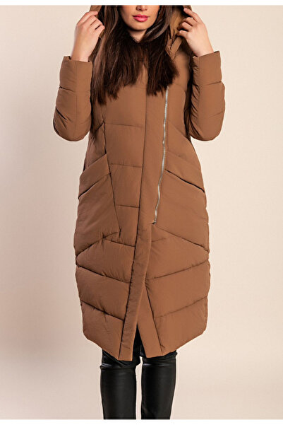 Nobrand Long brown quilted jacket with Hooded and slanted front zipper – Comf...