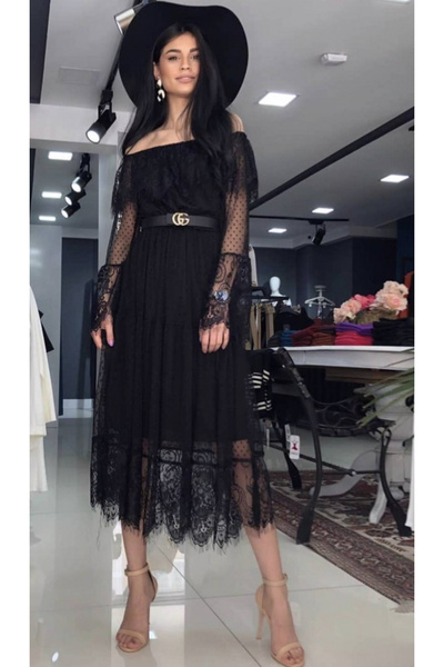 Mad Diva Rochie Neagra din Dantela cu Maneca Lunga