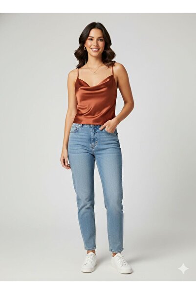 marvion Kadın Degaje Yaka Ayarlanabilir İnce Askılı Saten Bluz