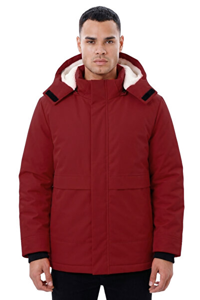 freemen Men's Red Hooded Fur-Lined Water and Wind-Resistant Ribbed Coat