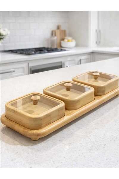 Home 3-Piece Bamboo Snack Bowl with Stand - Coffee Side Serving Bowl with Lid...