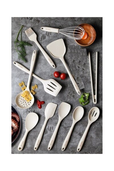 NEOFLAM Silikon Bej 11 Parça Servis Kaşık Spatula Kevgir Maşa Seti