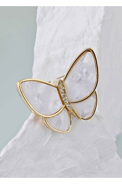 LUNİN İnci Beyazı Altın Çerçeveli Kelebek Broş