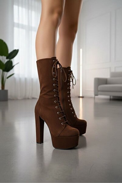 Tarz Topuklar Duke Bitter Brown Suede Platform Thick Heeled Women's Boots