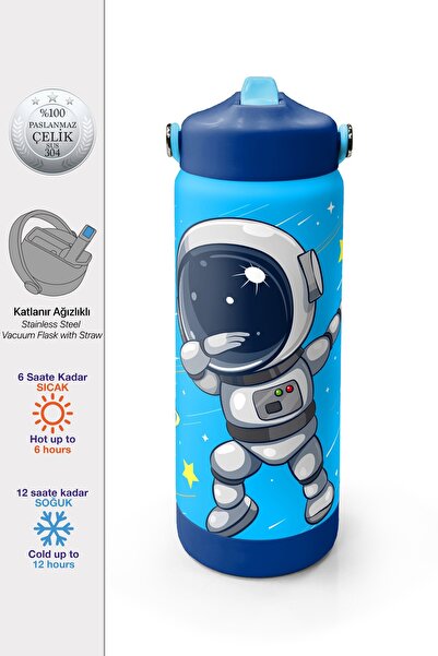 Coral High Lacivert Mavi Astronot Desenli Katlanır Ağızlıklı Çelik Termos 650...