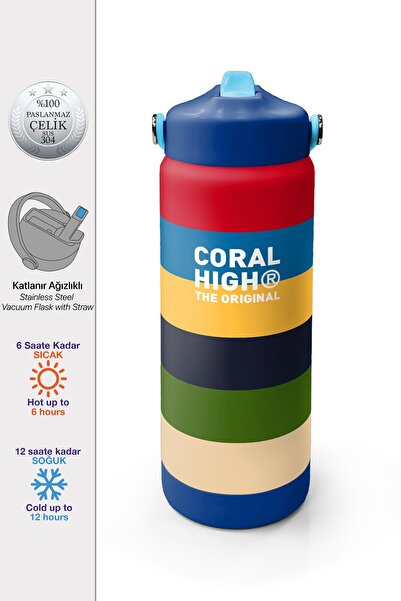 Coral High Çok Renkli Çizgi Desenli Katlanır Ağızlıklı Çelik Termos 650 ml 38312