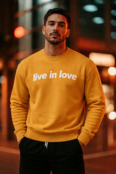 COMBİNE MİCHAİL Hanorac pentru bărbați, cu imprimeu Live In Love, culoare muștar