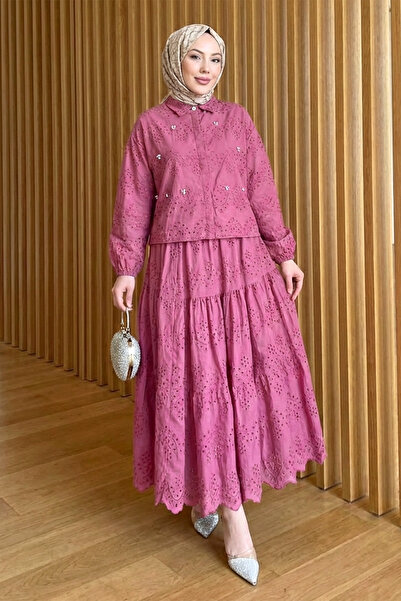 Kirazgym Women's Scallop Detailed Blouse Skirt Hijab Set - Fuchsia