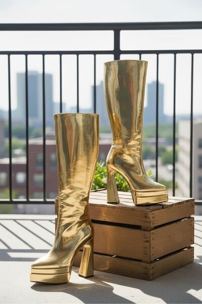 Tarz Topuklar Cizme cu toc înalt și platformă dublă pentru femei Jollyyy Gold...