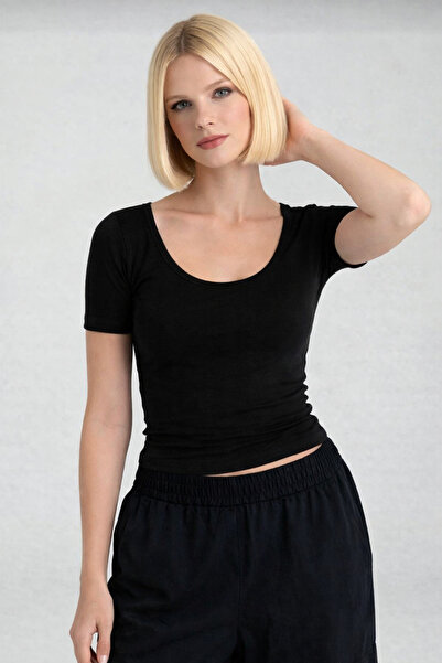 NOFLEN Ultra Soft Oval Neck Short Sleeve Blouse Black
