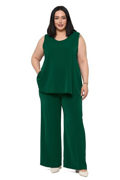 DISENTIS MODEST Plus Size Tank Top Loose-Legged Pants Emerald Green Two-Piece...