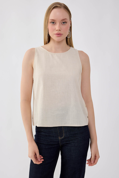 Vitrin Viscose Linen Zero-Sleeve Blouse with Buttons on the Sides