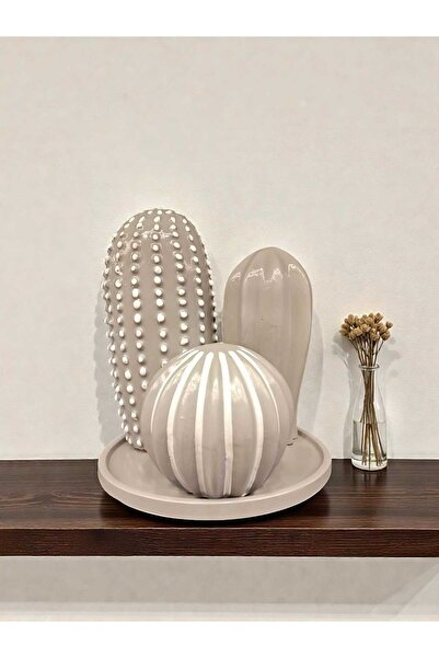 Grimsi Gri Modern Kaktüs Biblo Seti – Tabaklı 3’lü Dekoratif Masa ve Raf Süsü