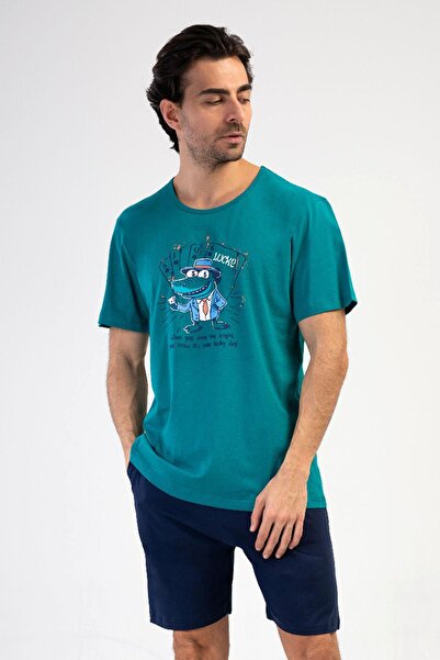 VİENETTA Men's Large Size Short Sleeve Shorts Silver Pine 100% Cotton Pajama ...