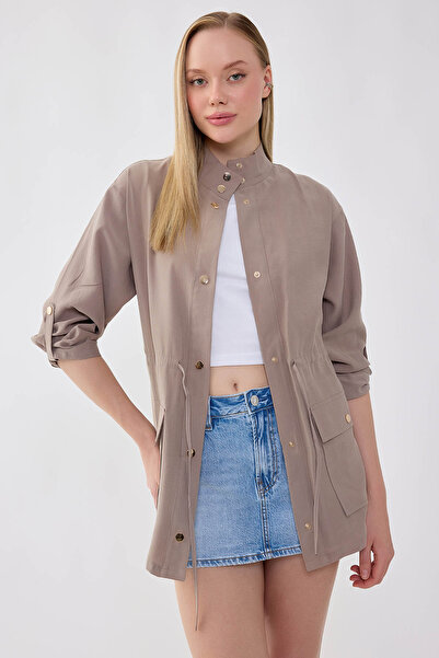 Vitrin Collared Jacket with Gathered Waist and Sleeve Detail