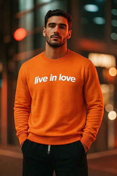 COMBİNE MİCHAİL Men's Live İn Love Print Orange Sweatshirt