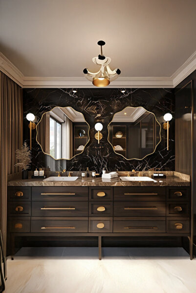 Fawdecor Şık Asimetrik Ahşap Çerçeveli Banyo Lavabo Duvar Aynası - Modern Dal...